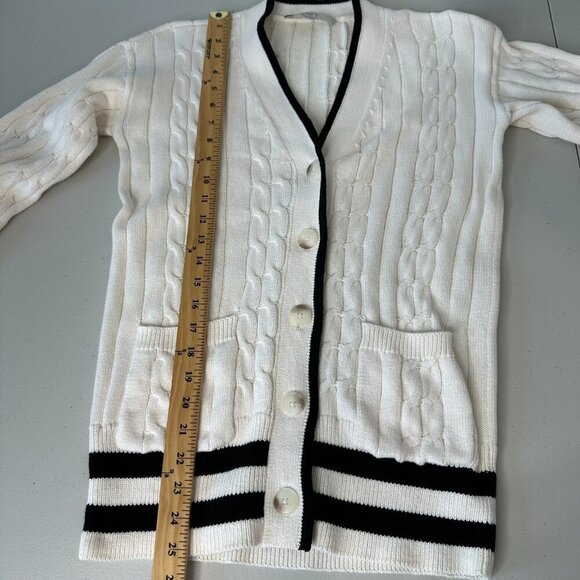 Loft Tipped V-Neck Pocket Cardigan Sweater Size XS Cream Black Cable Knit - Picture 7 of 8